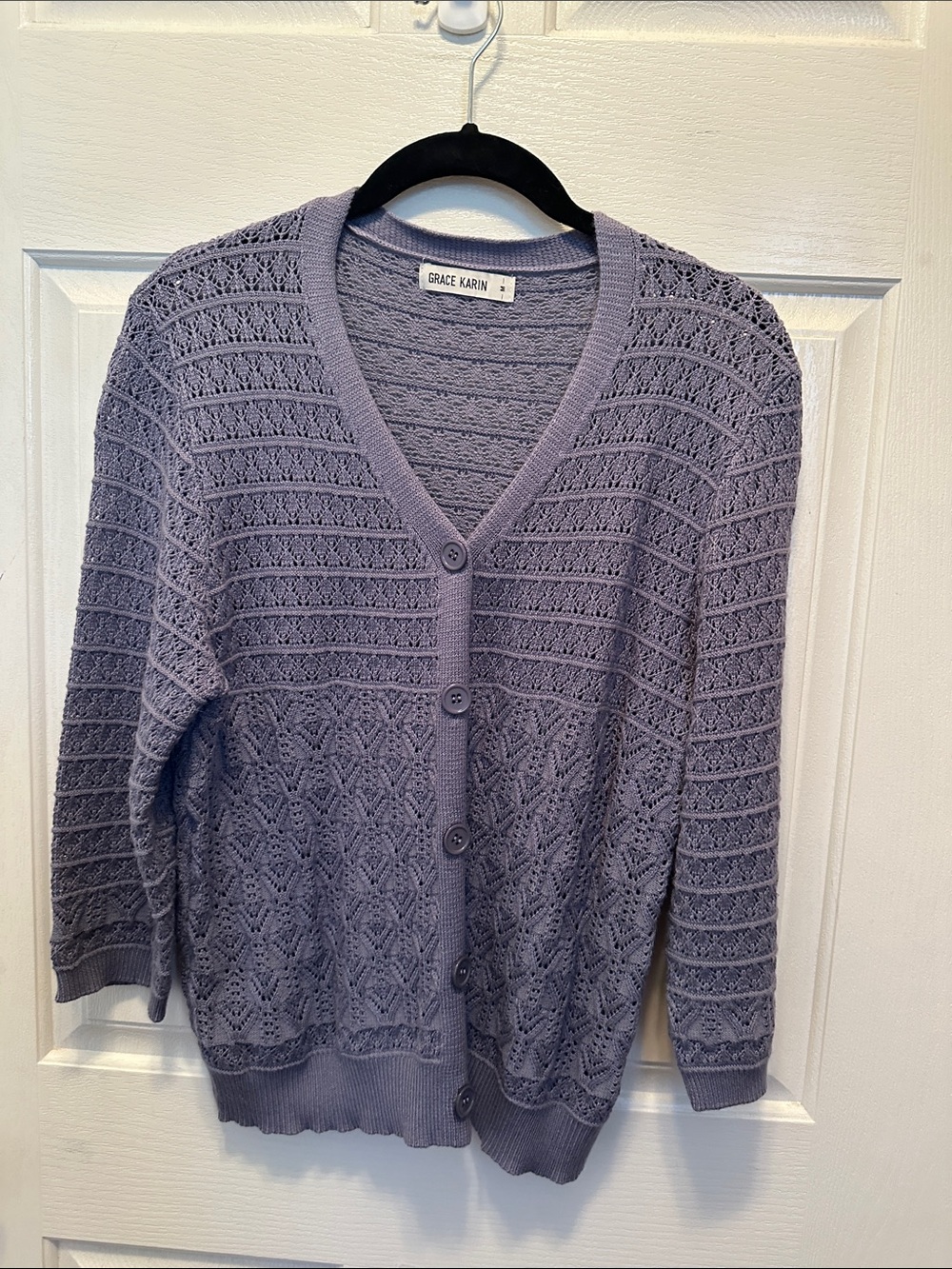 Grace Karin Lavender Purple Openwork V-Neck Button Cardigan Size M